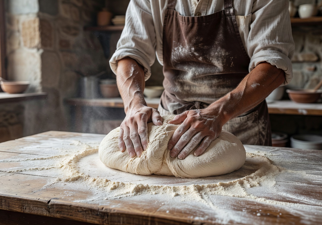 Baker hands kneading dough on floured surface