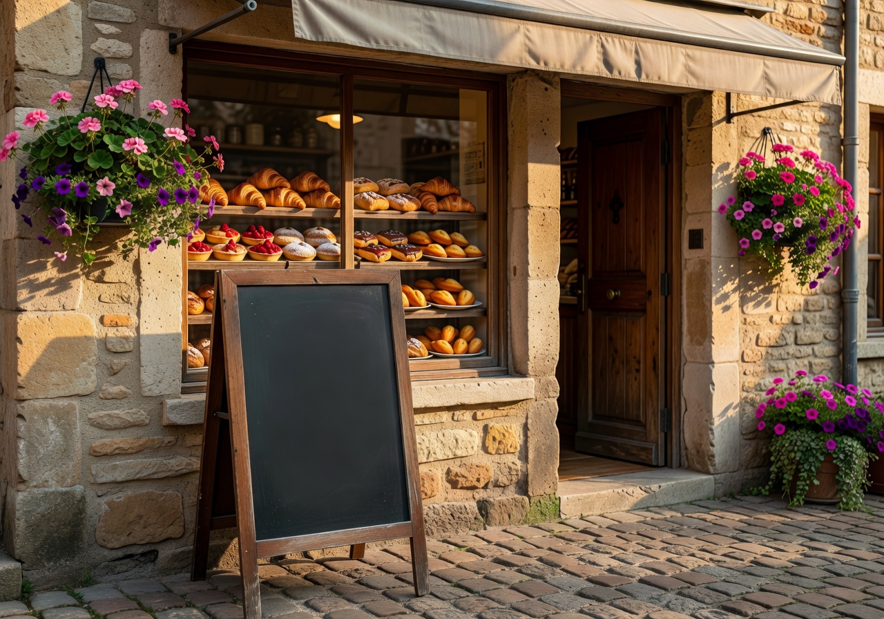 Charming bakery storefront with chalkboard sign and pastries in window