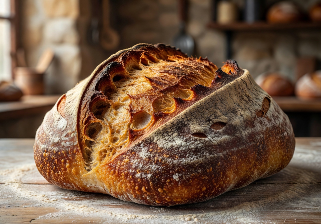 Crusty sourdough loaf with scored top