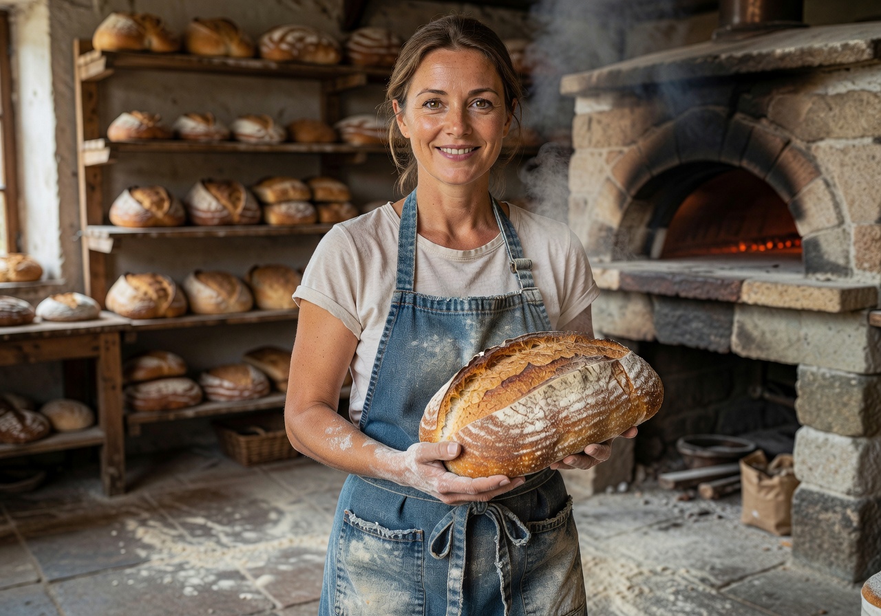 Female baker smiling in apron holding a loaf of bread