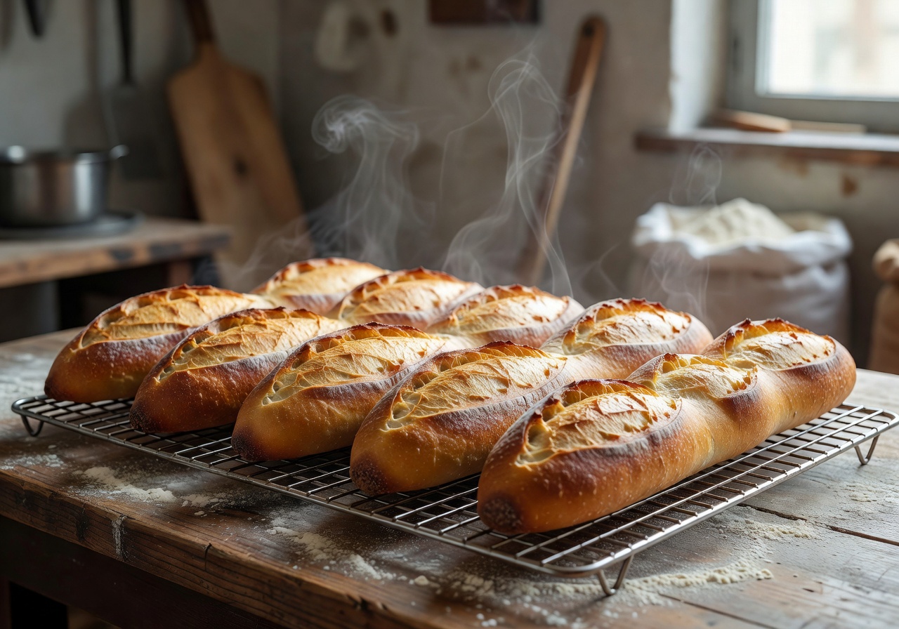 Freshly baked baguettes cooling on wire rack