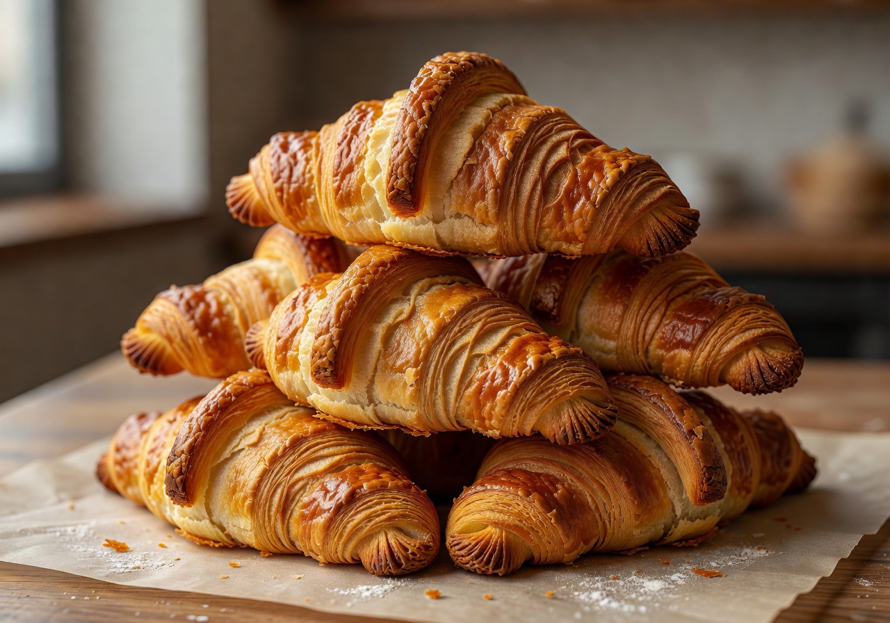 Golden butter croissants stacked on parchment