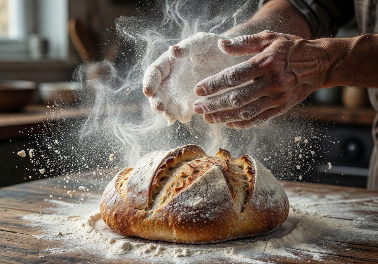 Hands dusting flour onto sourdough boule