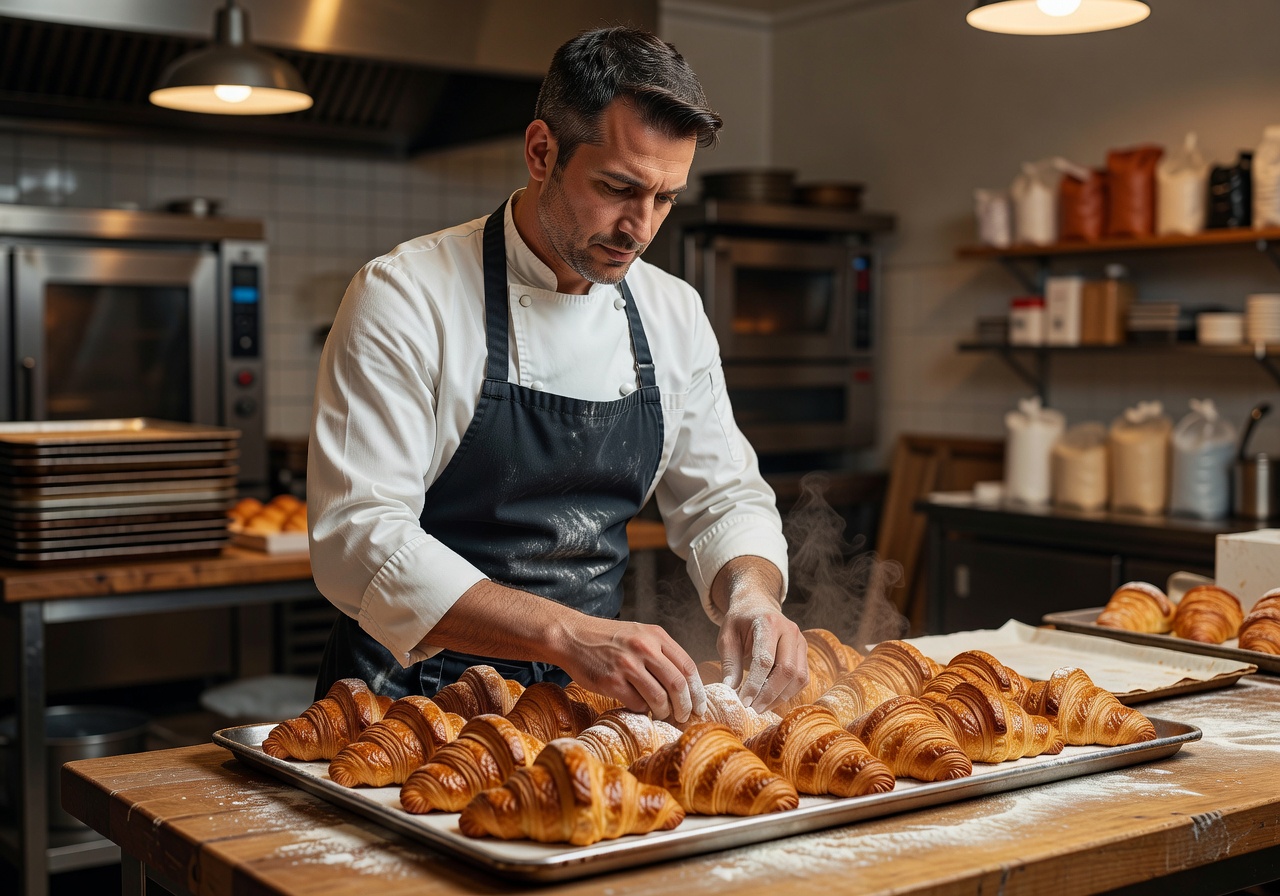 Male pastry chef arranging croissants on tray