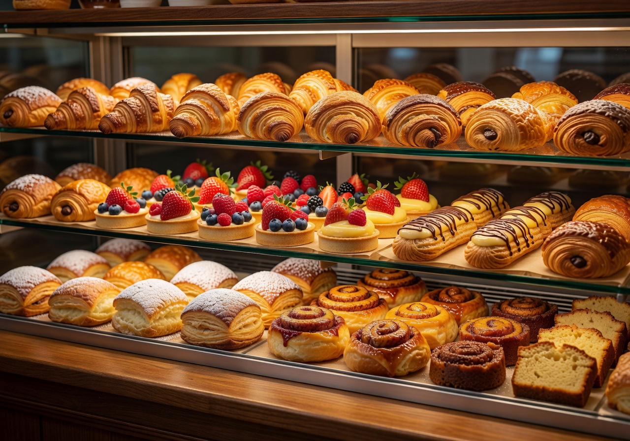 Pastries arranged in bakery display case