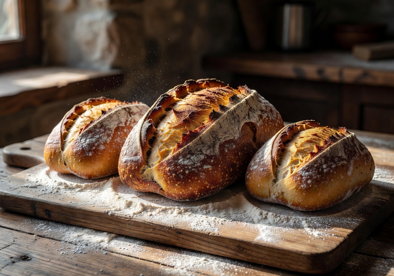 Rustic sourdough bread loaves on wooden board with flour dust