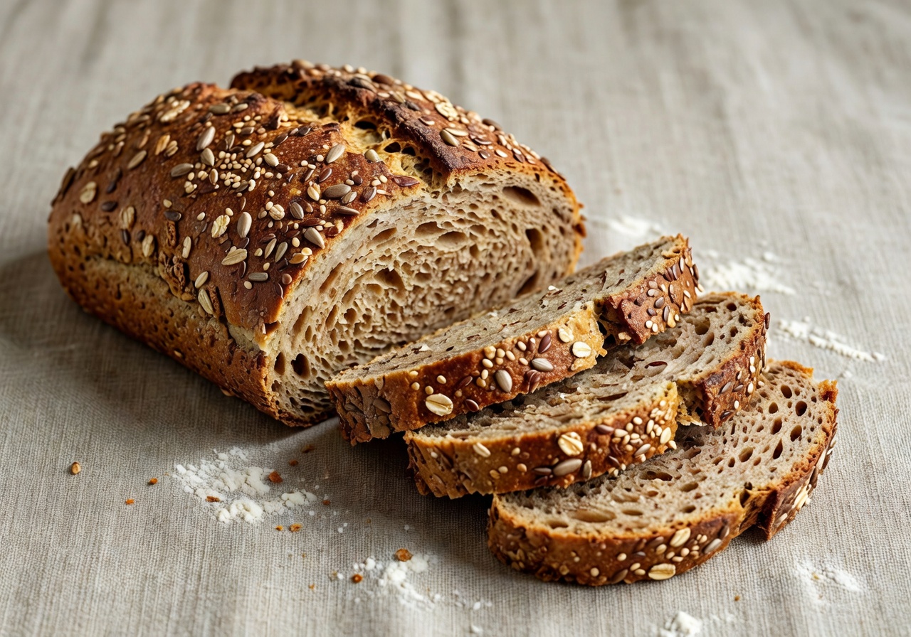 Seeded multigrain bread loaf sliced on linen