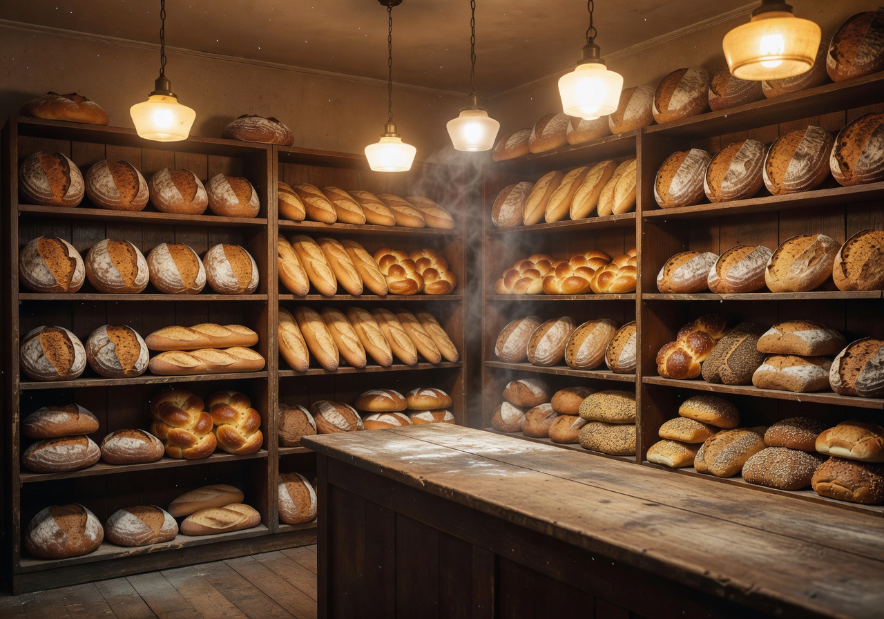 Vintage bakery interior with shelves of bread and warm lighting