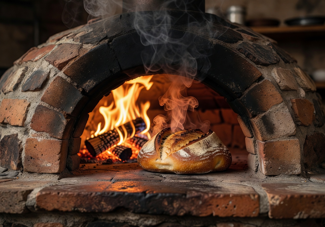 Wood-fired oven glowing with bread inside