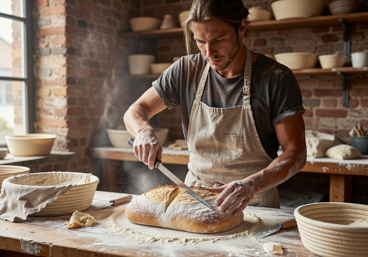 Young baker scoring a sourdough loaf with razor